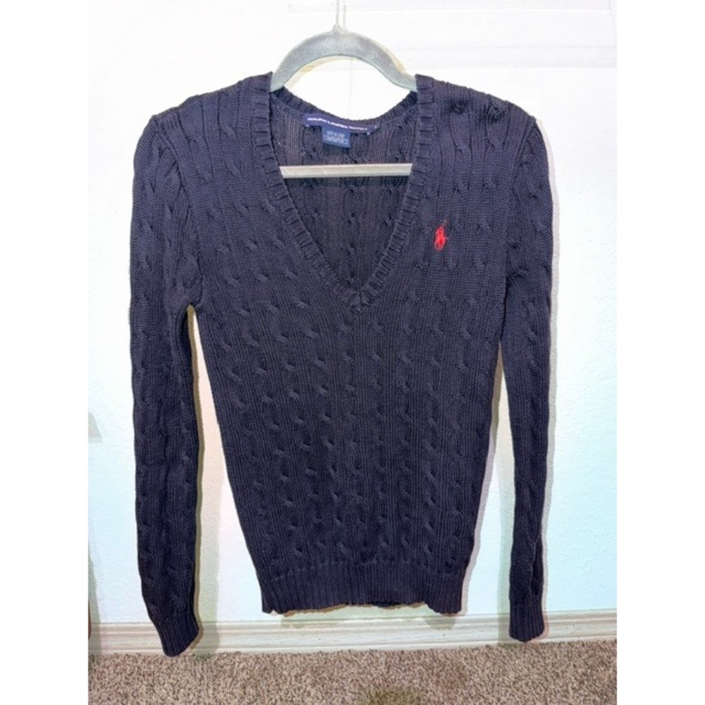 Ralph Lauren Sport Navy Blue Cable Knit V-Neck Cotton Sweater Red Pony Logo M